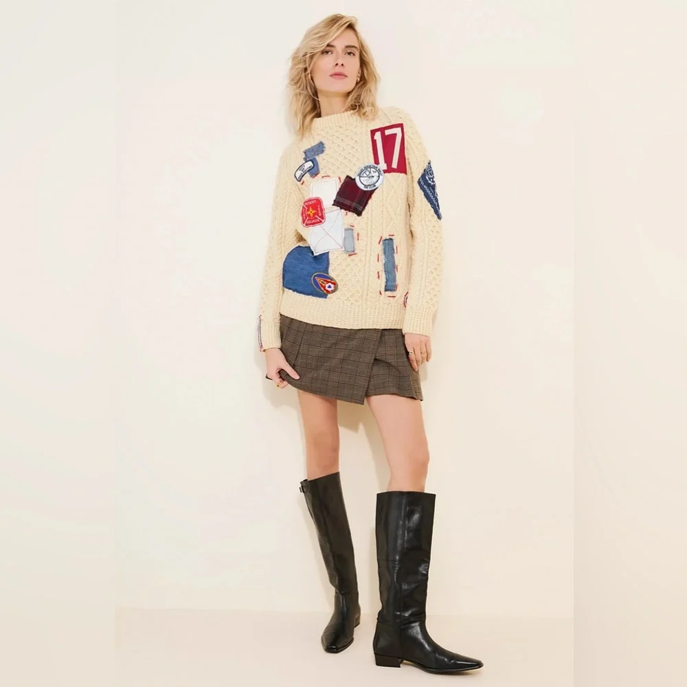 Free People Riley Vintage Patched Wool Blend Crewneck Sweater